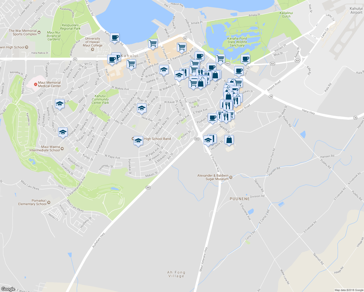 map of restaurants, bars, coffee shops, grocery stores, and more near 722 Hina Avenue in Kahului