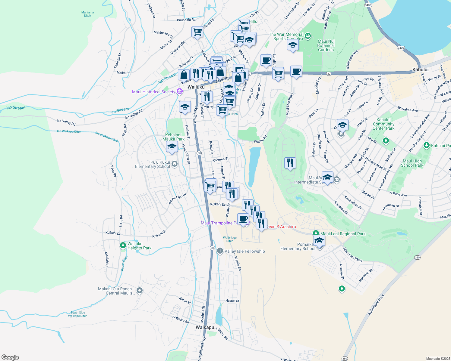 map of restaurants, bars, coffee shops, grocery stores, and more near 751 Papua Street in Wailuku