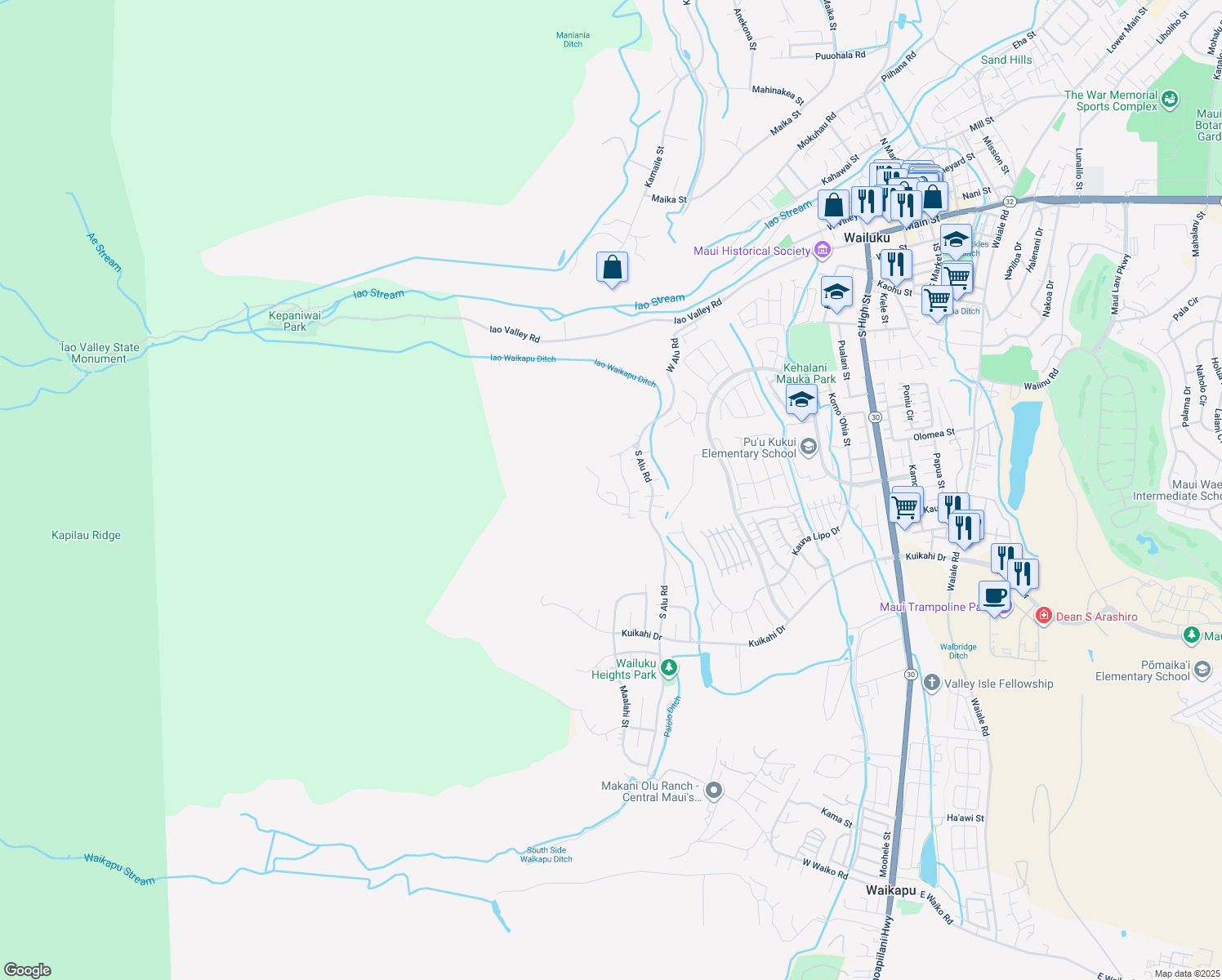 map of restaurants, bars, coffee shops, grocery stores, and more near 306 Ekoa Place in Wailuku