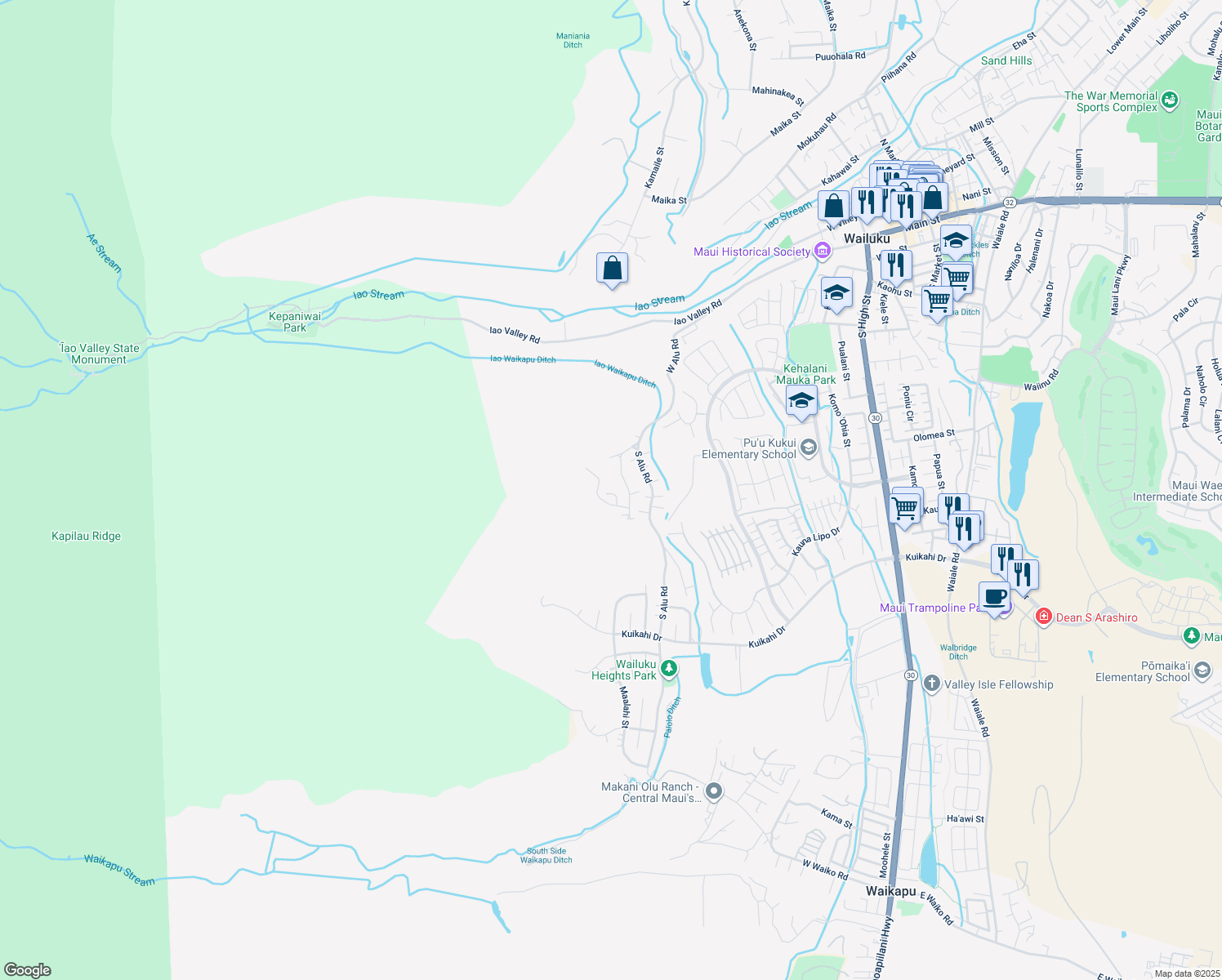 map of restaurants, bars, coffee shops, grocery stores, and more near 306 Ekoa Place in Wailuku
