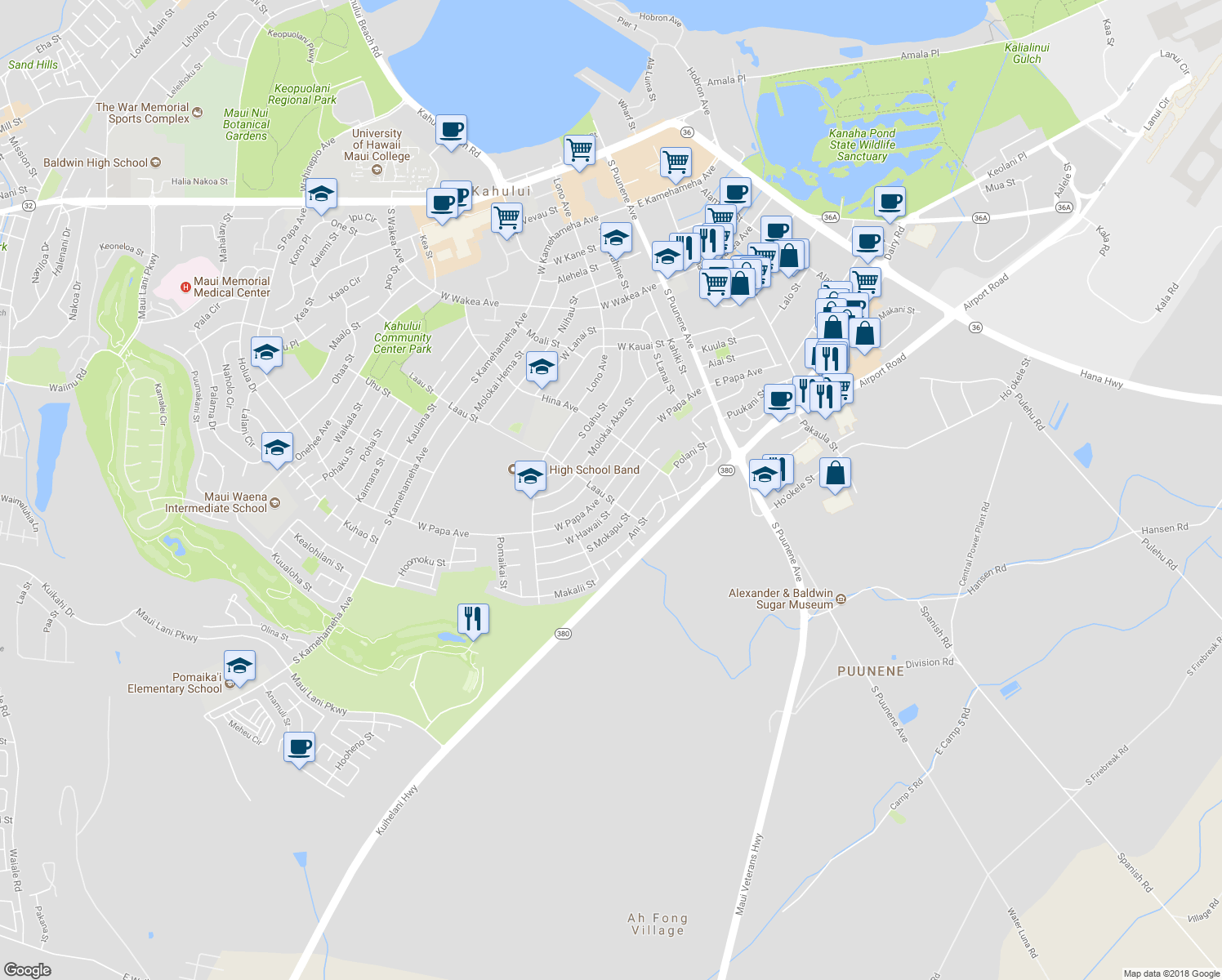 map of restaurants, bars, coffee shops, grocery stores, and more near 257 West Papa Avenue in Kahului