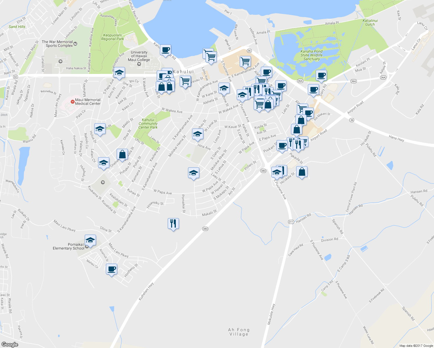 map of restaurants, bars, coffee shops, grocery stores, and more near 269 South Lehua Street in Kahului