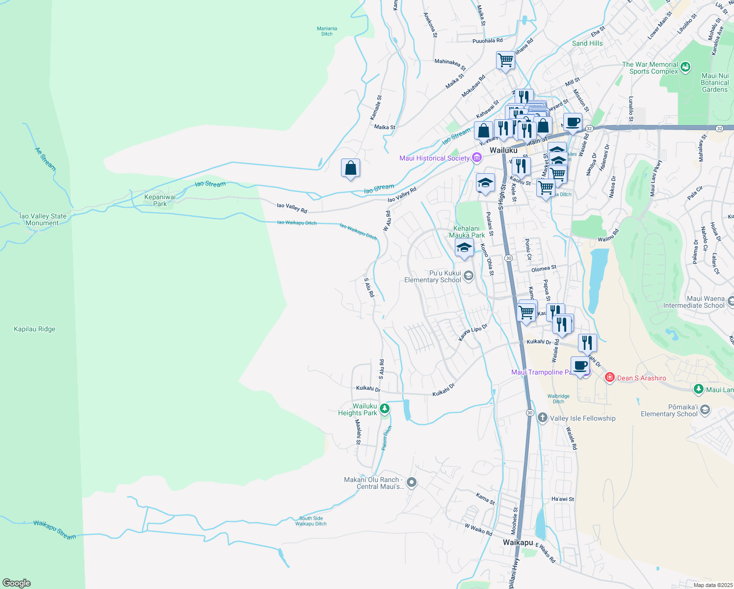 map of restaurants, bars, coffee shops, grocery stores, and more near 258 South Alu Road in Wailuku