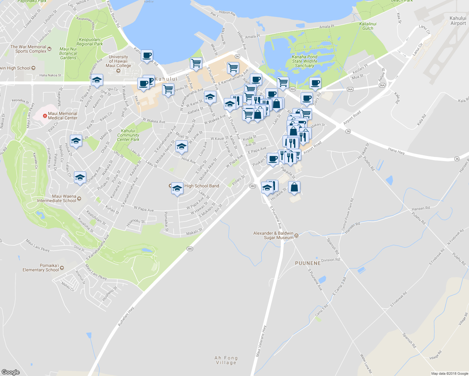 map of restaurants, bars, coffee shops, grocery stores, and more near 74 Meli Place in Kahului