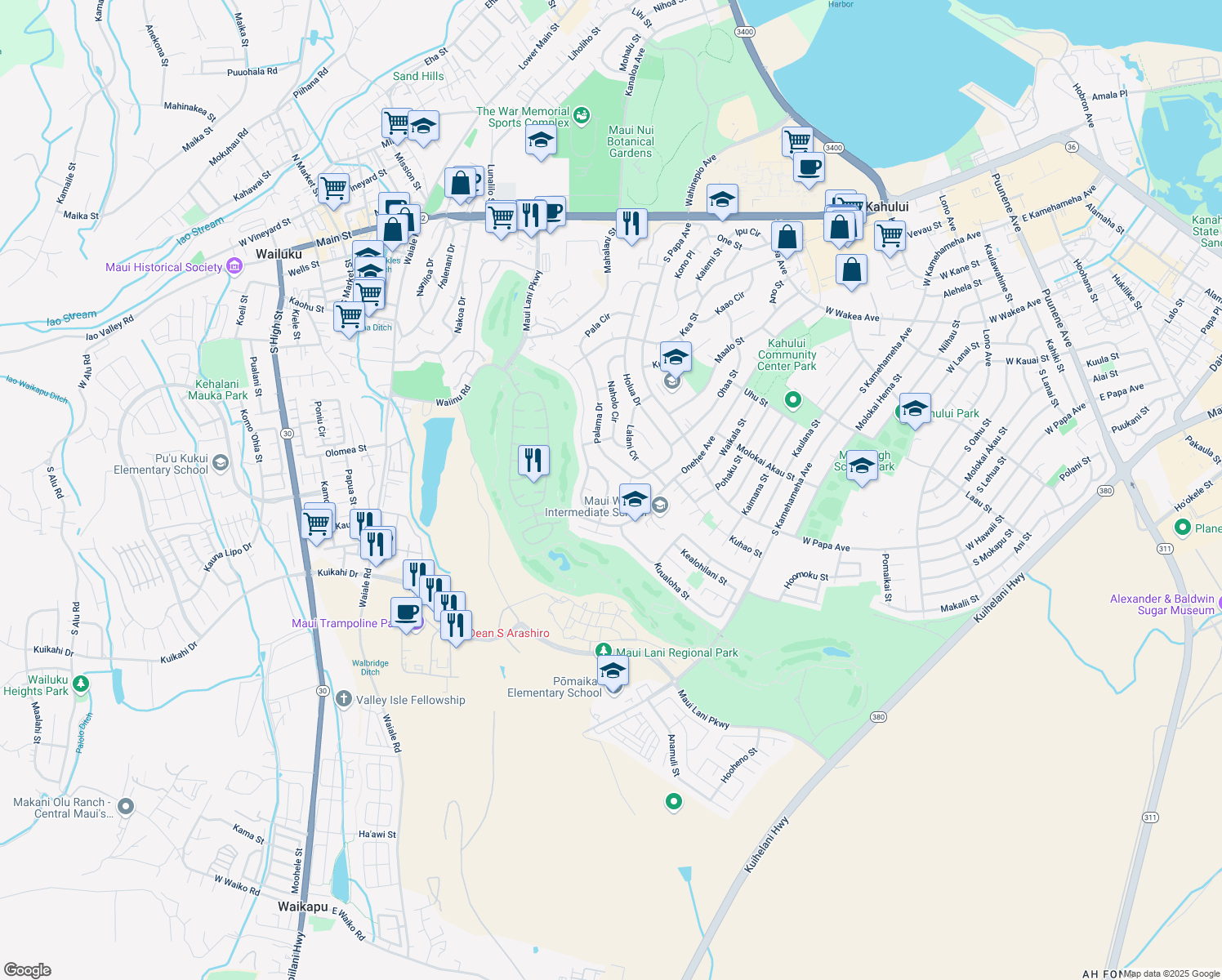 map of restaurants, bars, coffee shops, grocery stores, and more near 166 Huluhulu St in Kahului