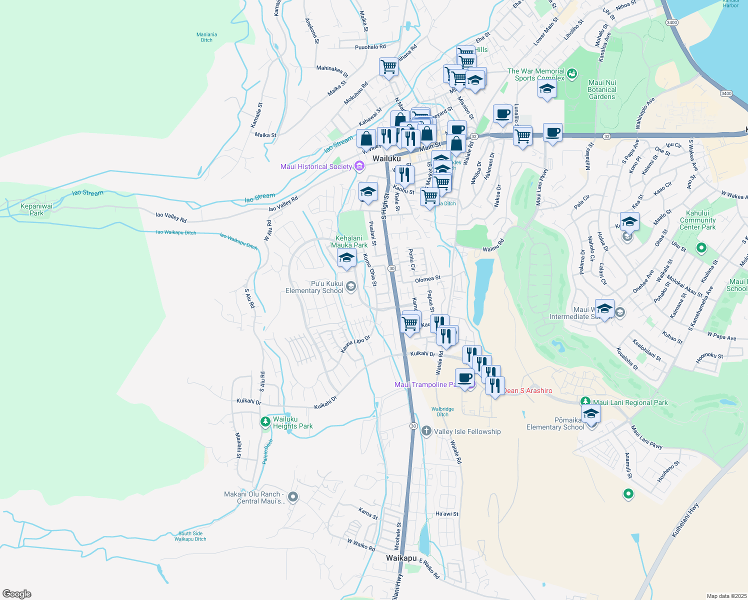 map of restaurants, bars, coffee shops, grocery stores, and more near 672 Koma 'Ohia Street in Wailuku