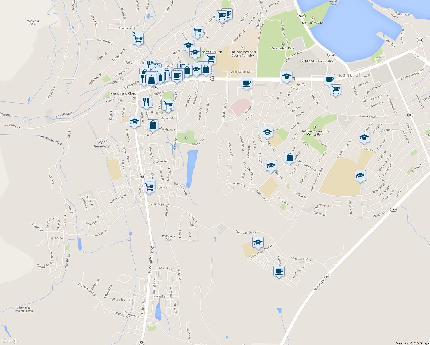 map of restaurants, bars, coffee shops, grocery stores, and more near 331 Kamalei Circle in Kahului