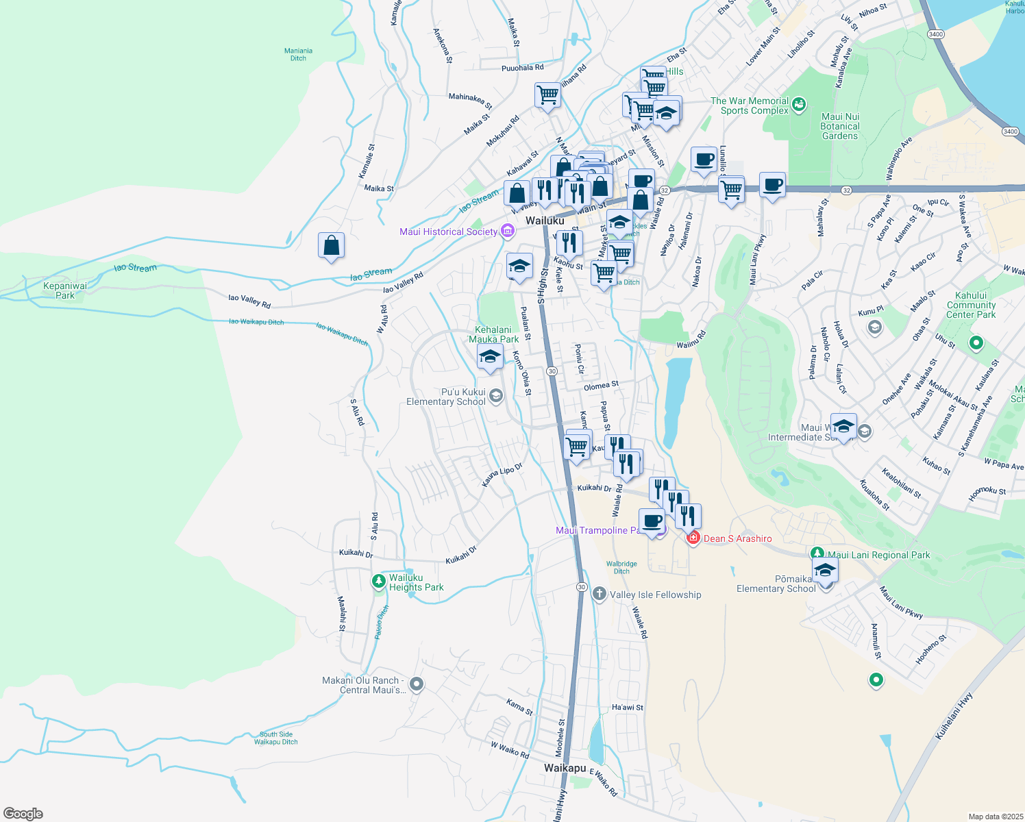 map of restaurants, bars, coffee shops, grocery stores, and more near 23 Uaha'a Place in Wailuku