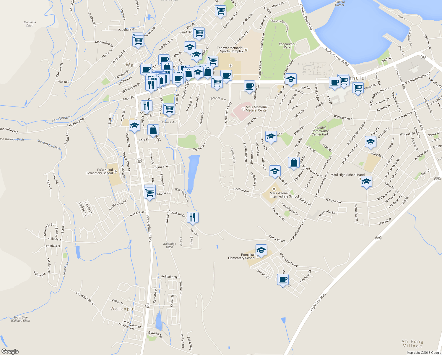 map of restaurants, bars, coffee shops, grocery stores, and more near 9 Inoa Po Place in Kahului