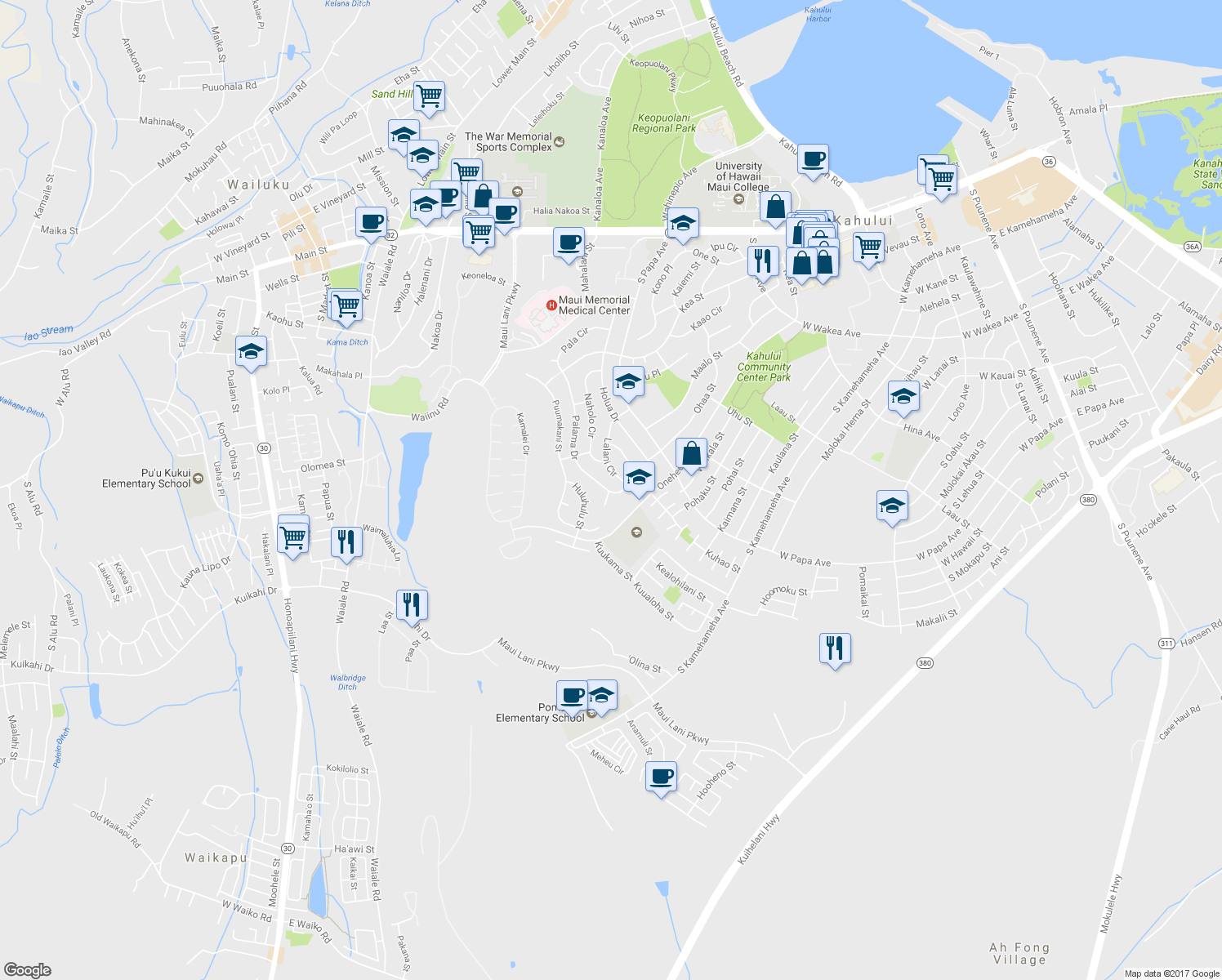 map of restaurants, bars, coffee shops, grocery stores, and more near 700 Holua Drive in Kahului