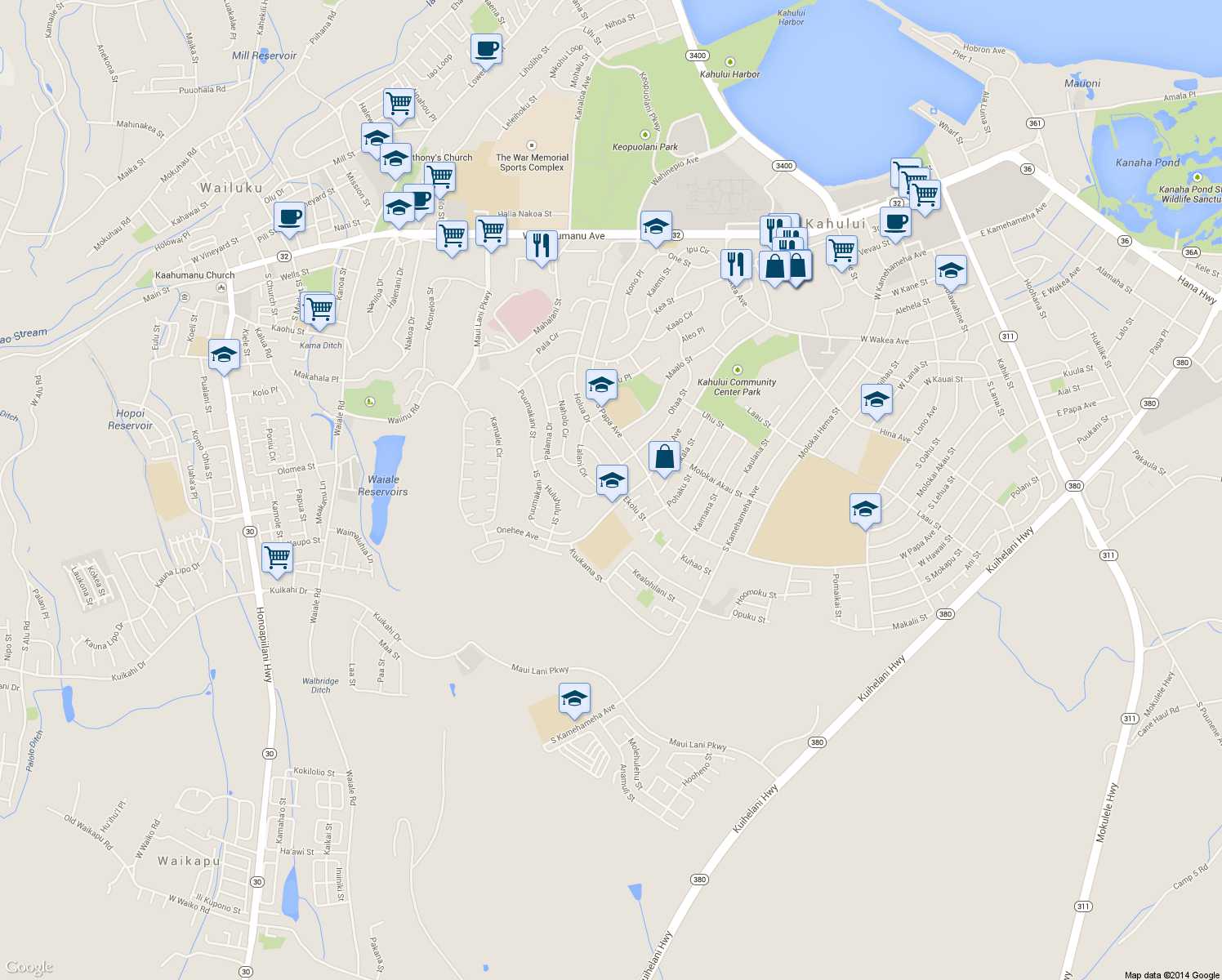 map of restaurants, bars, coffee shops, grocery stores, and more near 649 Holua Drive in Kahului