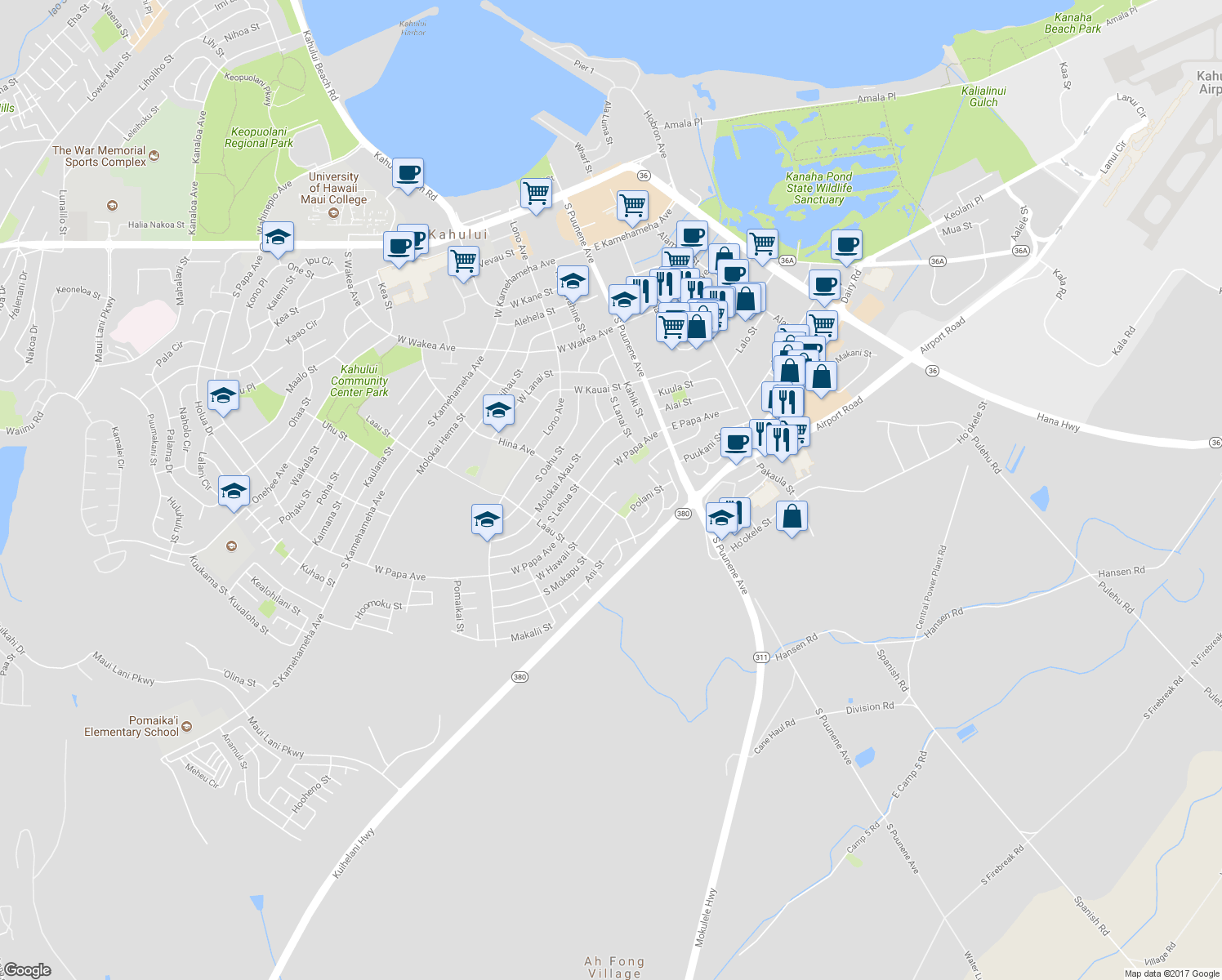 map of restaurants, bars, coffee shops, grocery stores, and more near 136 West Hawaii Street in Kahului