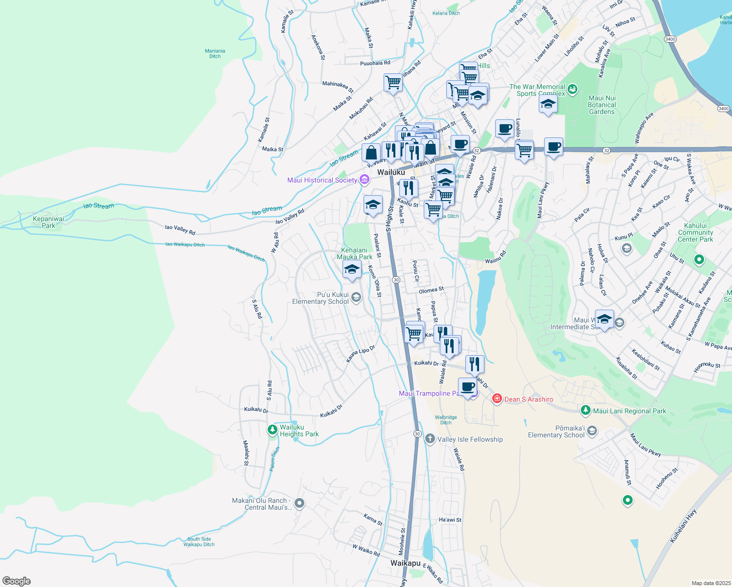 map of restaurants, bars, coffee shops, grocery stores, and more near 57 Uaha'a Place in Wailuku