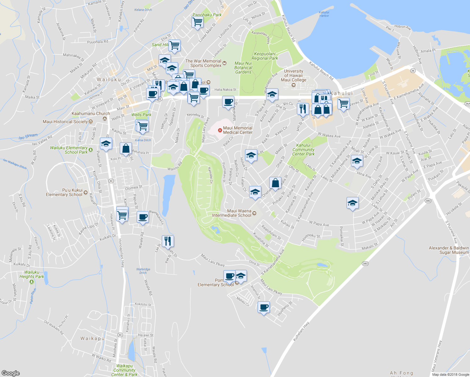 map of restaurants, bars, coffee shops, grocery stores, and more near 447 Palama Drive in Kahului