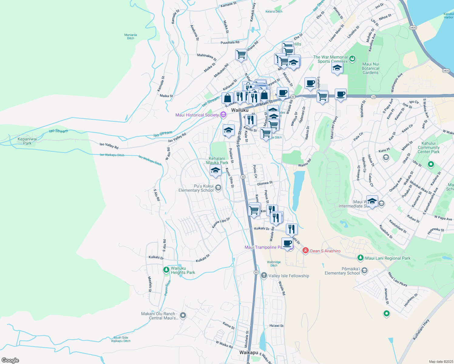 map of restaurants, bars, coffee shops, grocery stores, and more near 64 Uaha'a Place in Wailuku