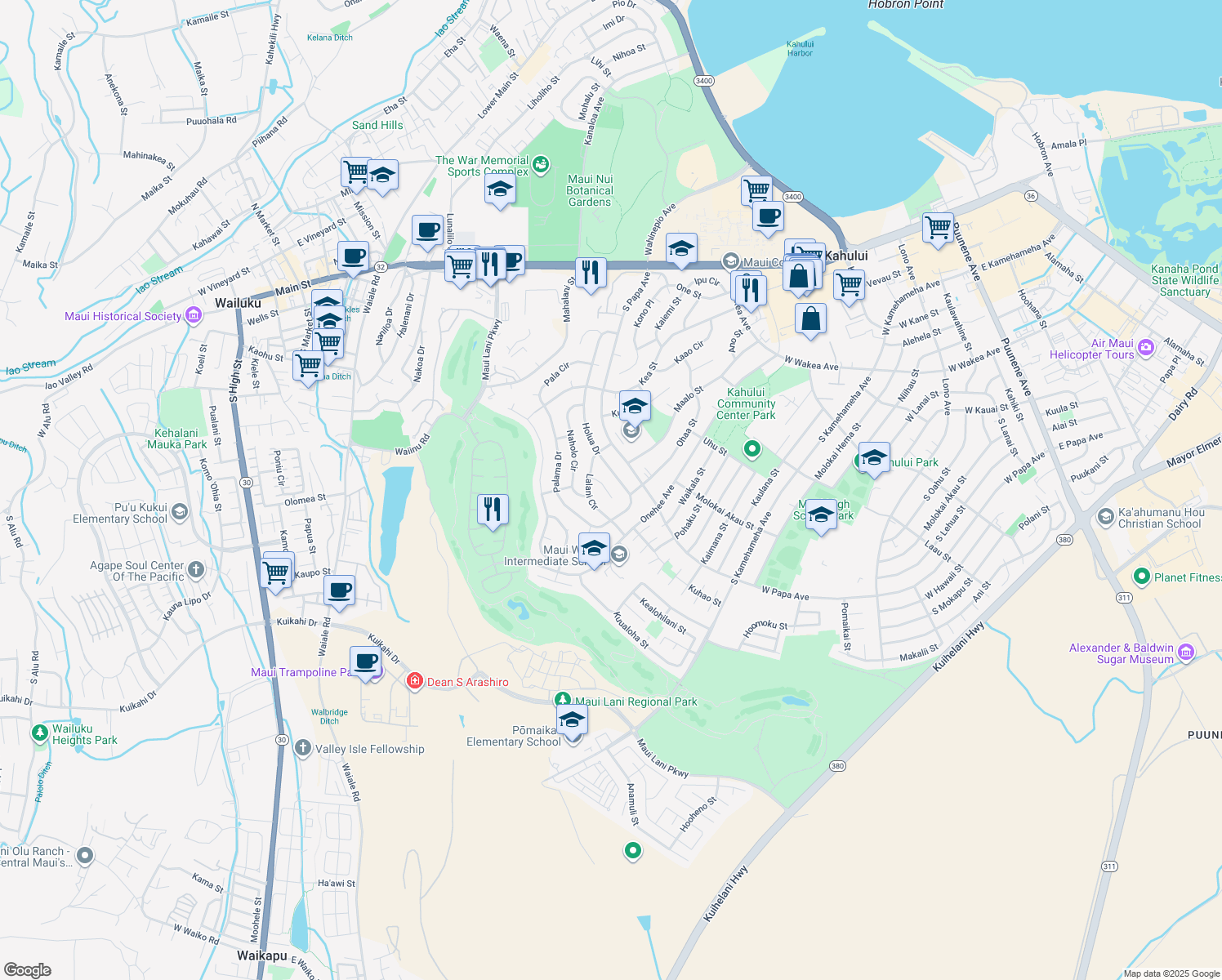 map of restaurants, bars, coffee shops, grocery stores, and more near 433 Puolo Place in Kahului