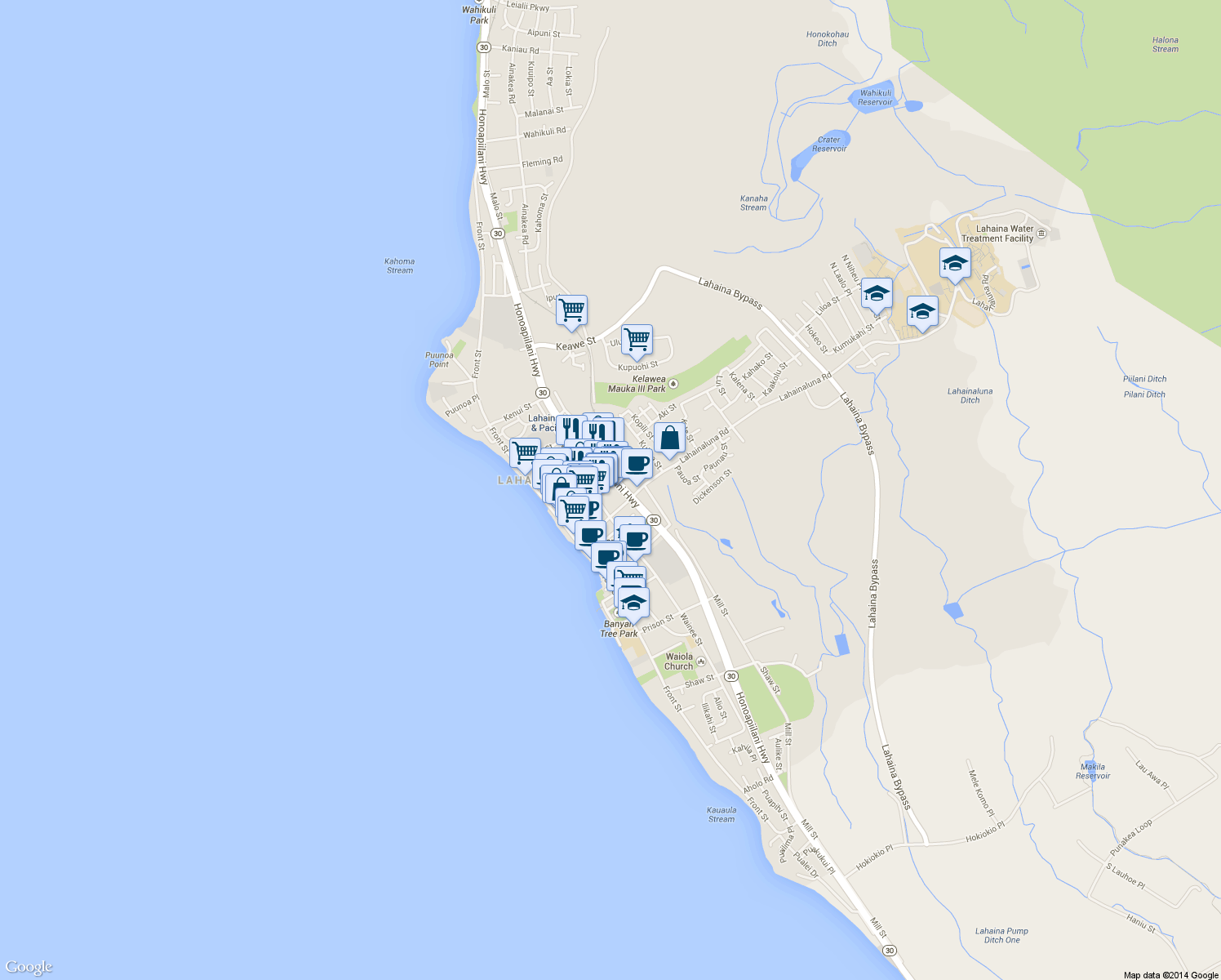 map of restaurants, bars, coffee shops, grocery stores, and more near 840 Waine'e Street in Lahaina