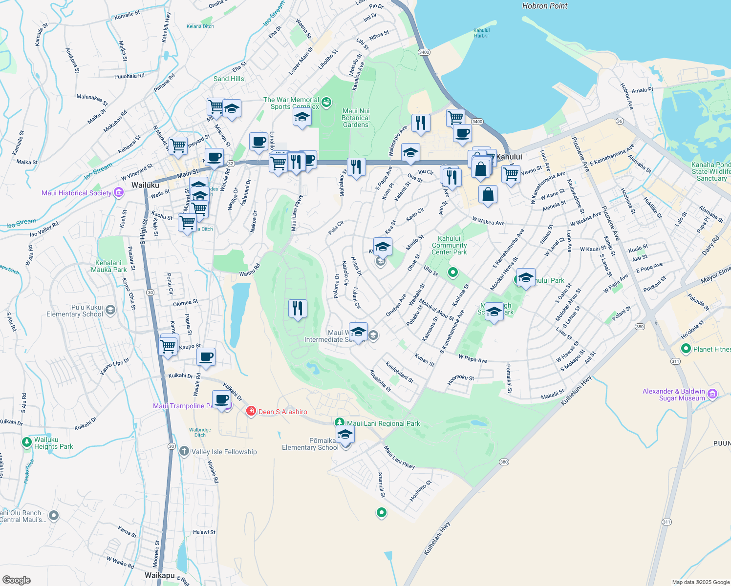 map of restaurants, bars, coffee shops, grocery stores, and more near 421 Puolo Place in Kahului