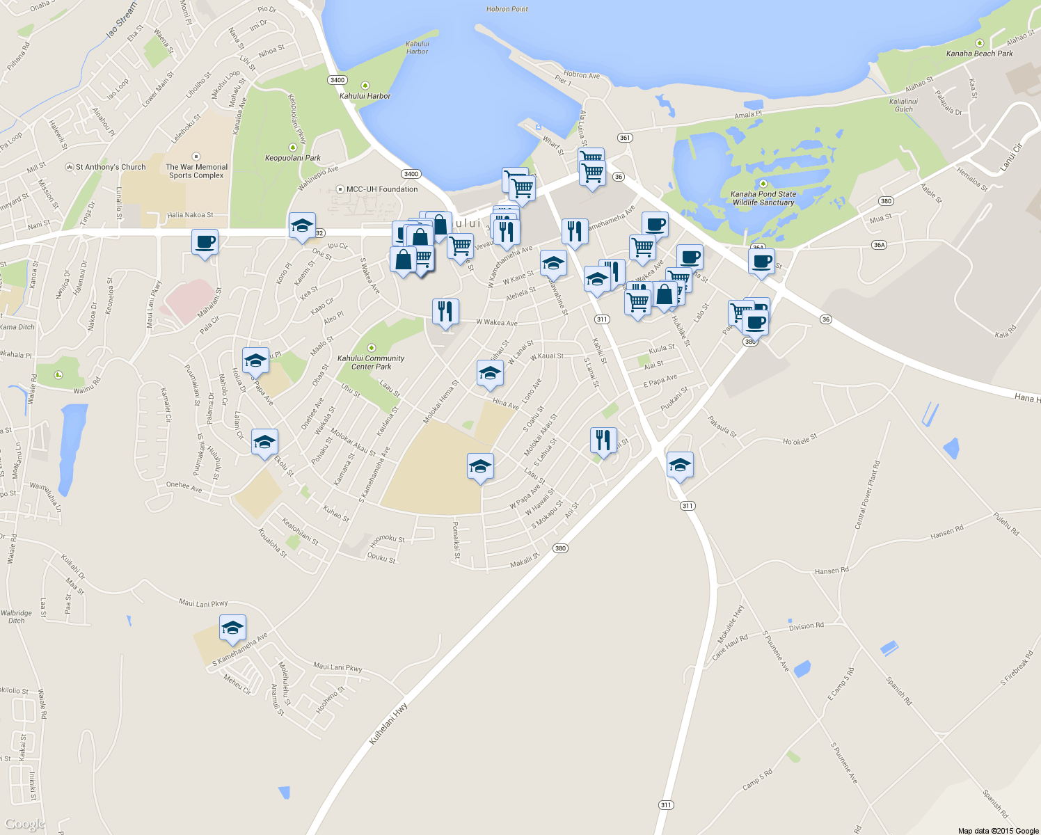 map of restaurants, bars, coffee shops, grocery stores, and more near 483 Lono Avenue in Kahului