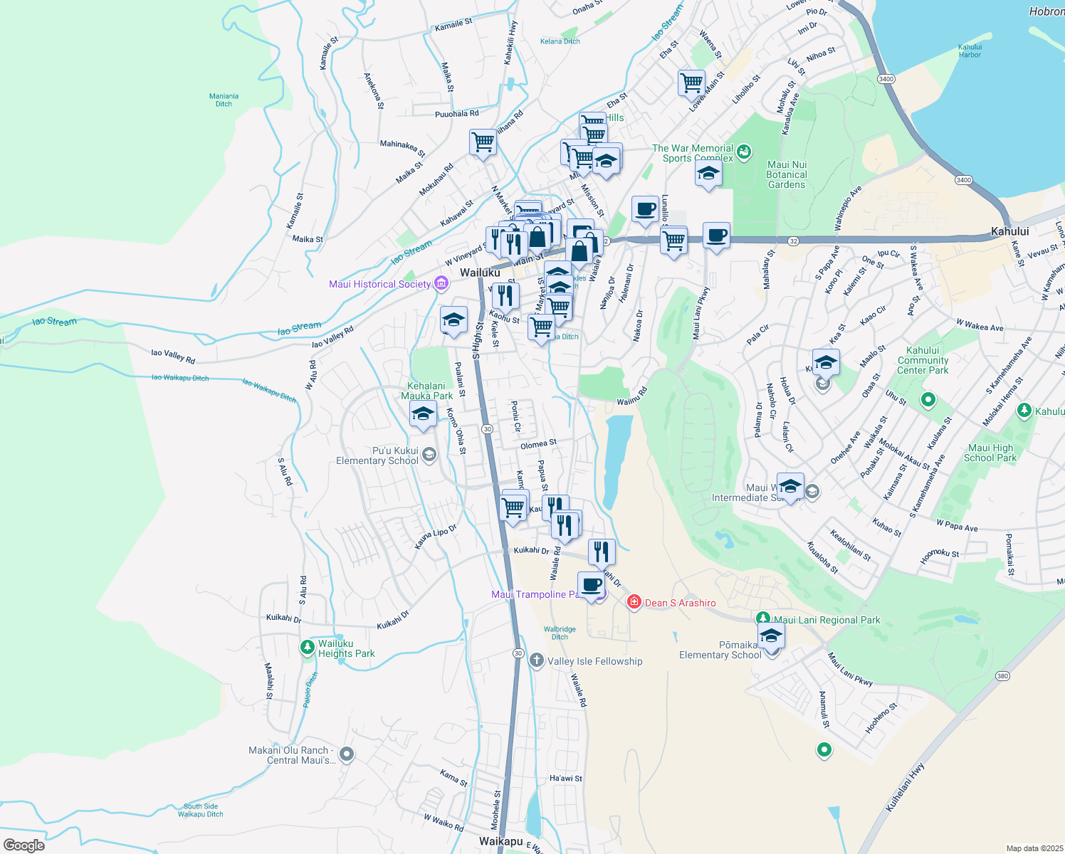 map of restaurants, bars, coffee shops, grocery stores, and more near 184 Poniu Circle in Wailuku