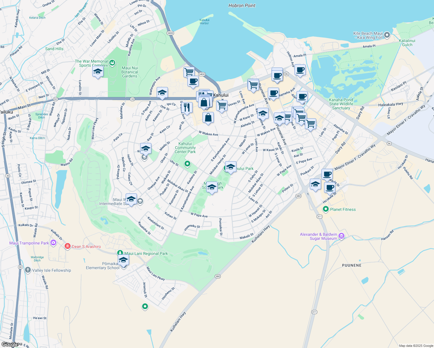 map of restaurants, bars, coffee shops, grocery stores, and more near 376 Niihau Street in Kahului