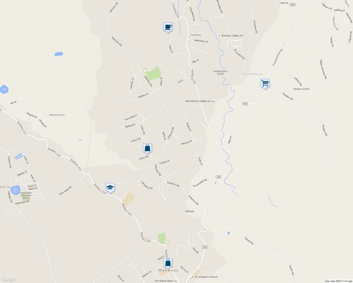 map of restaurants, bars, coffee shops, grocery stores, and more near 2566 Haupoa Place in Haiku-Pauwela