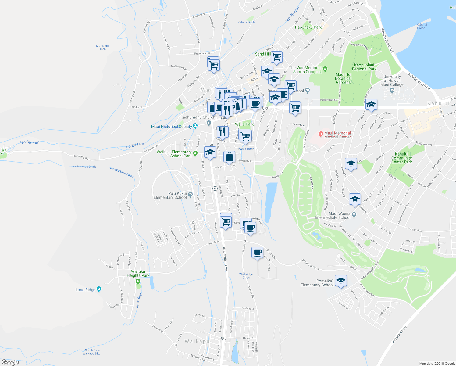 map of restaurants, bars, coffee shops, grocery stores, and more near 64 Poniu Circle in Wailuku