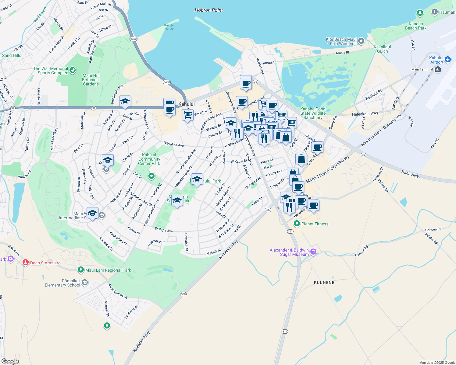 map of restaurants, bars, coffee shops, grocery stores, and more near 445 South Oahu Street in Kahului