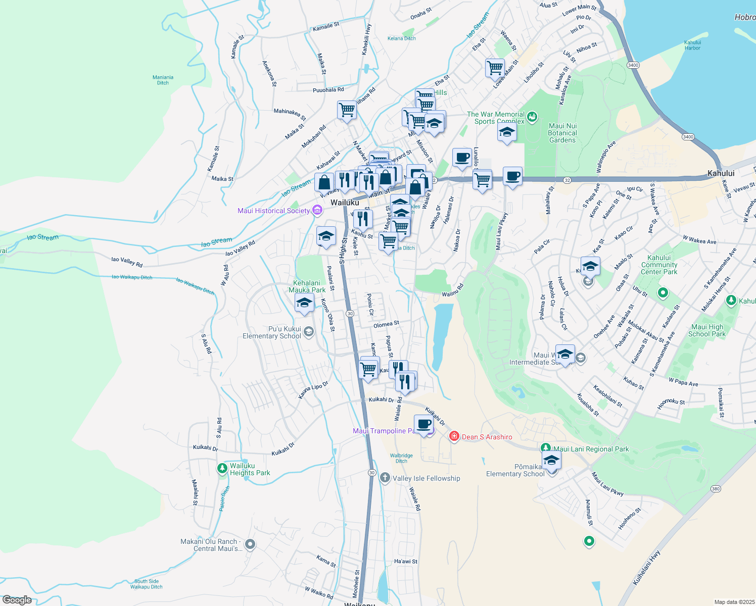map of restaurants, bars, coffee shops, grocery stores, and more near 162 Poniu Circle in Wailuku