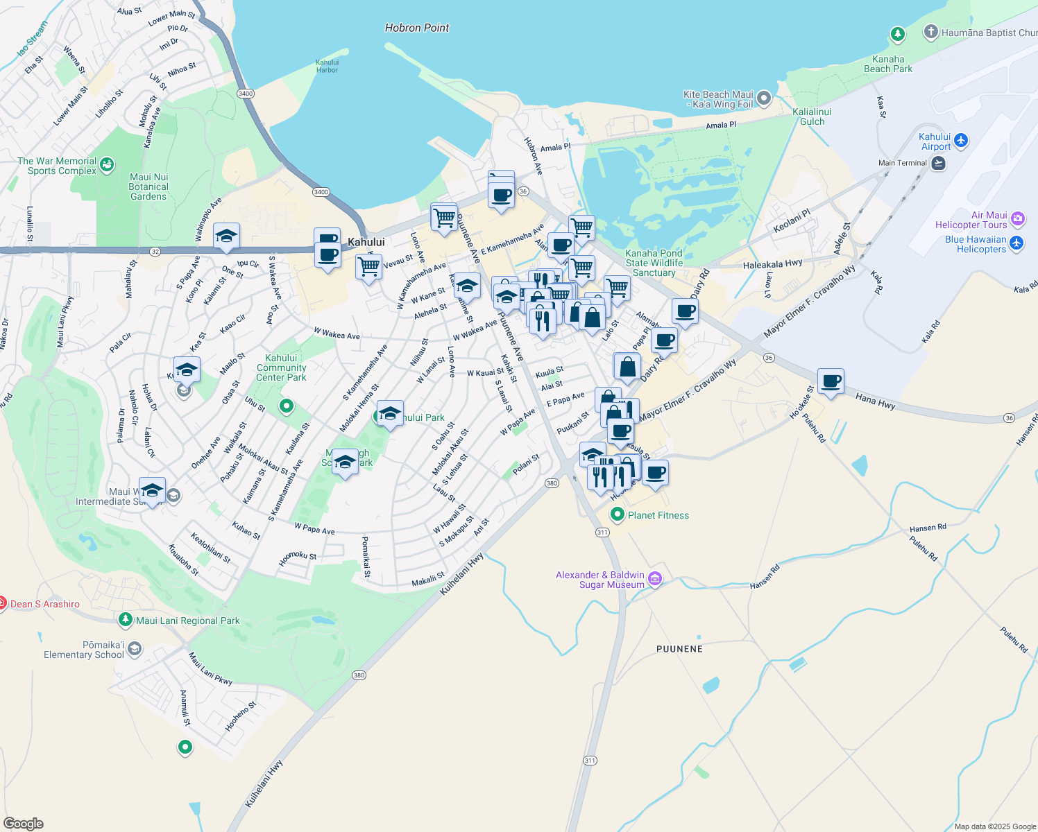 map of restaurants, bars, coffee shops, grocery stores, and more near 455 South Lanai Street in Kahului