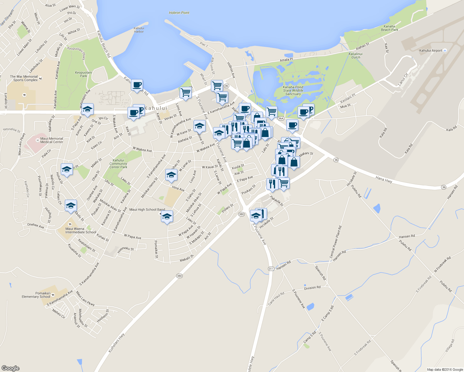 map of restaurants, bars, coffee shops, grocery stores, and more near 17 West Papa Avenue in Kahului