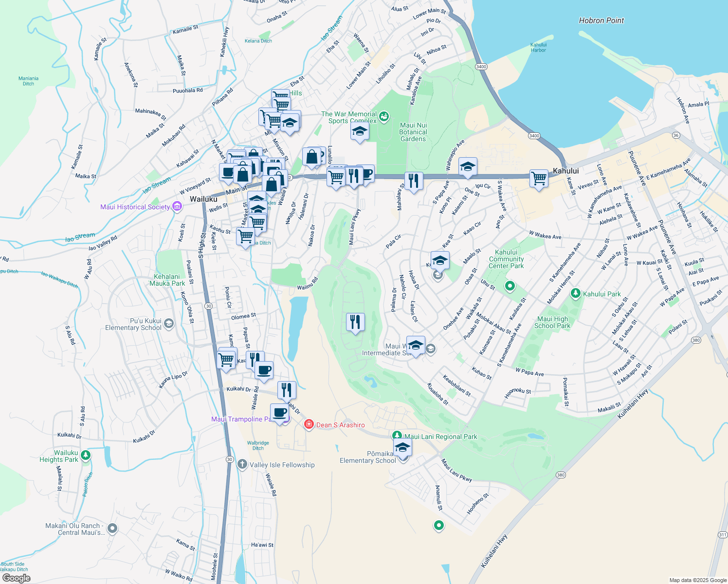 map of restaurants, bars, coffee shops, grocery stores, and more near 65 Kamalei Circle in Kahului