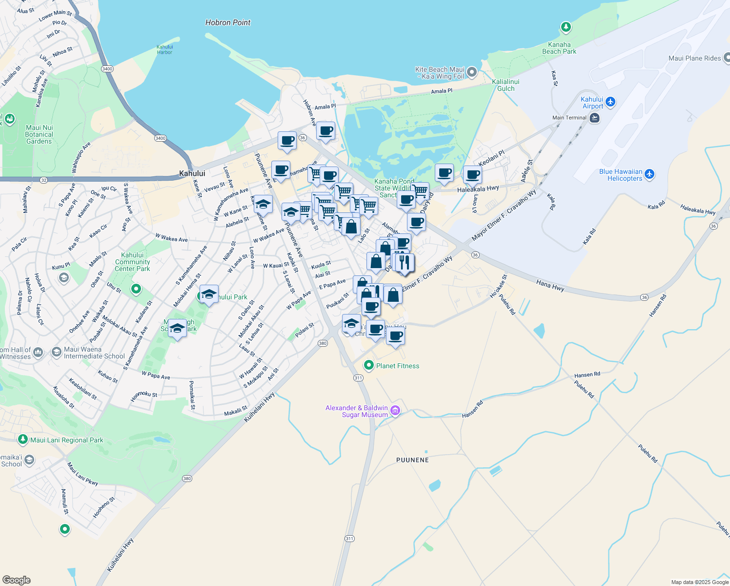 map of restaurants, bars, coffee shops, grocery stores, and more near 5 Leioni Place in Kahului