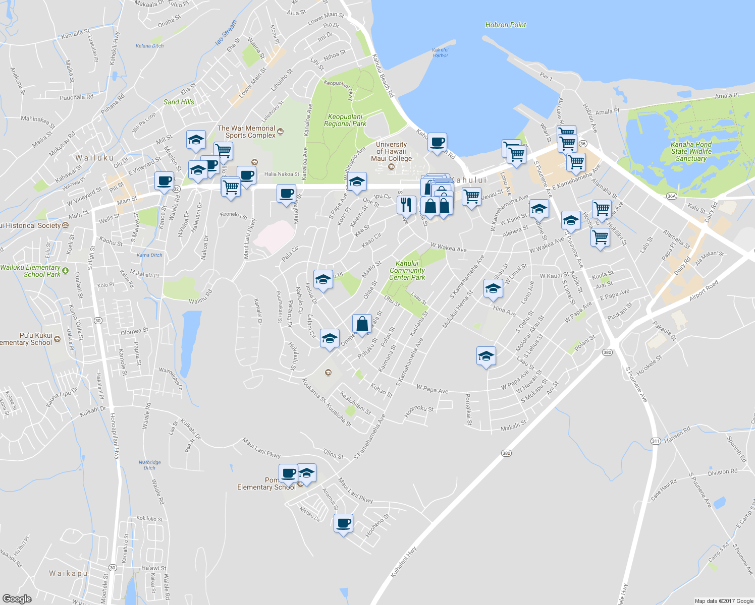 map of restaurants, bars, coffee shops, grocery stores, and more near 563 Onehee Avenue in Kahului