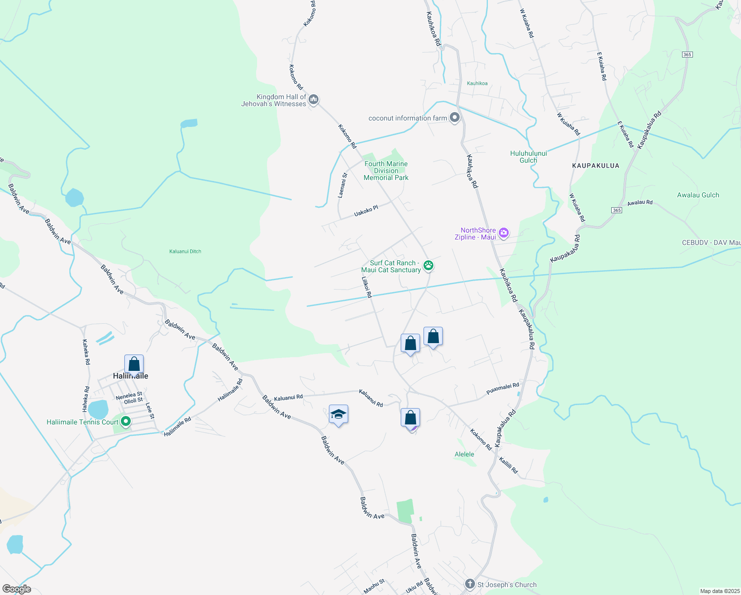 map of restaurants, bars, coffee shops, grocery stores, and more near Lilikoi Road in Haiku-Pauwela