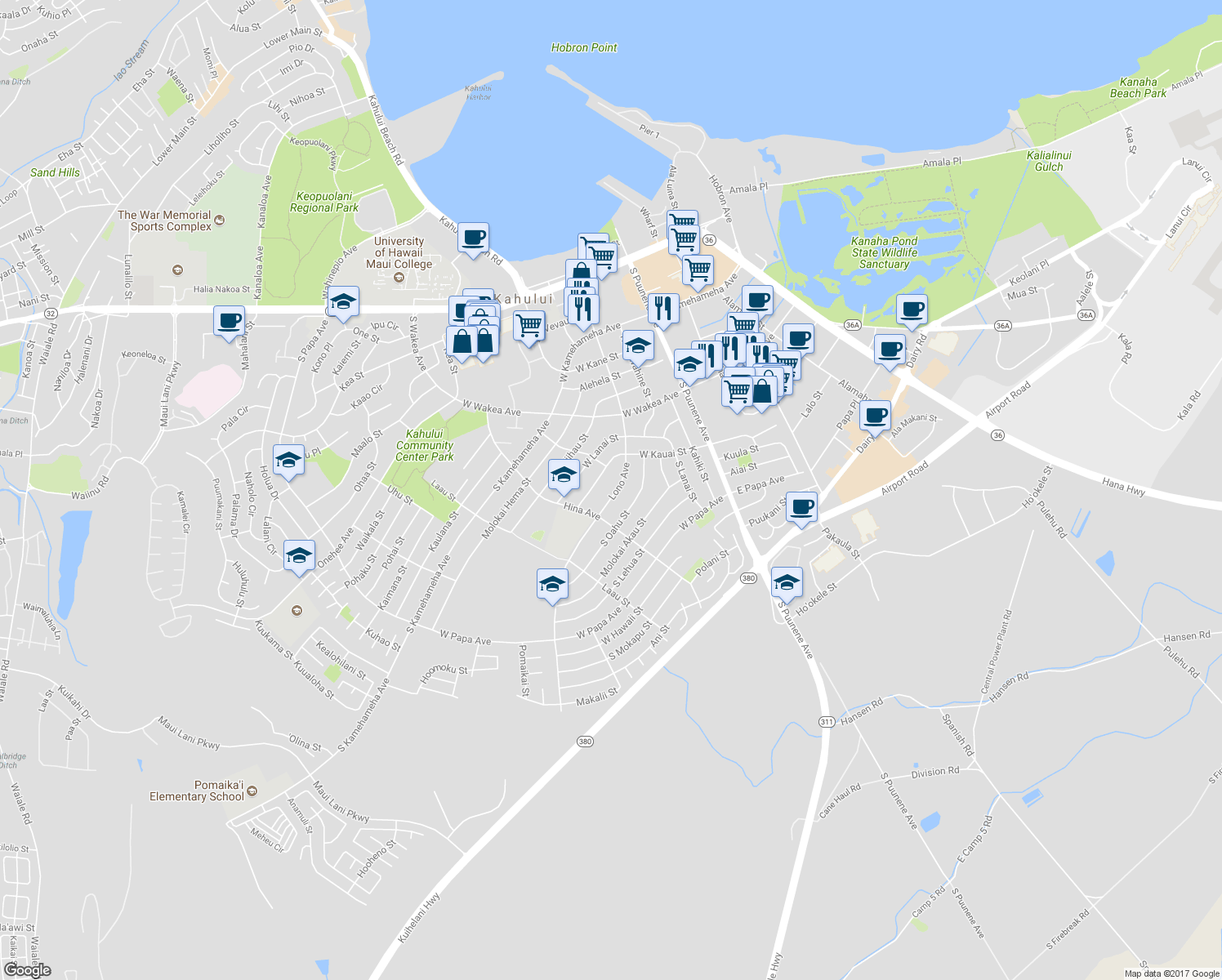 map of restaurants, bars, coffee shops, grocery stores, and more near 418 Lono Avenue in Kahului