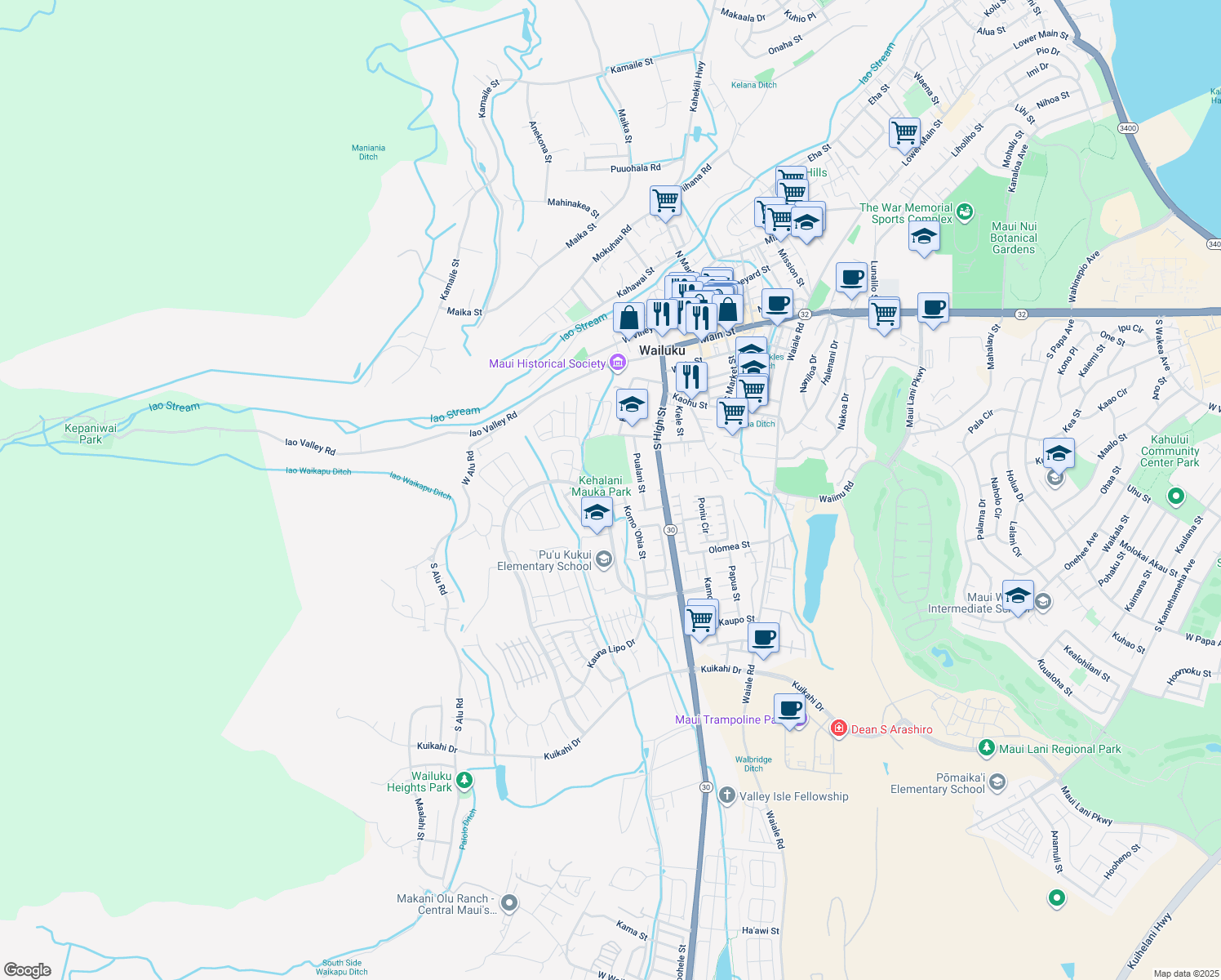 map of restaurants, bars, coffee shops, grocery stores, and more near 481 Koma 'Ohia Street in Wailuku