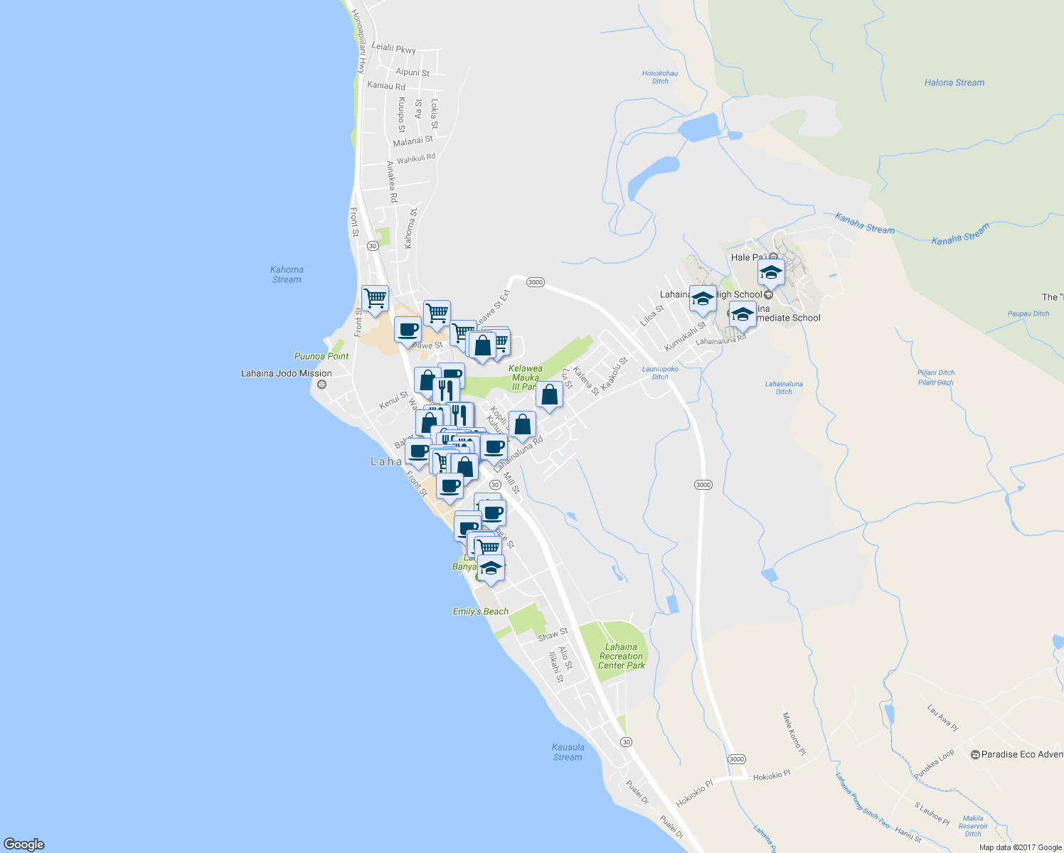 map of restaurants, bars, coffee shops, grocery stores, and more near Hauola Place in Lahaina