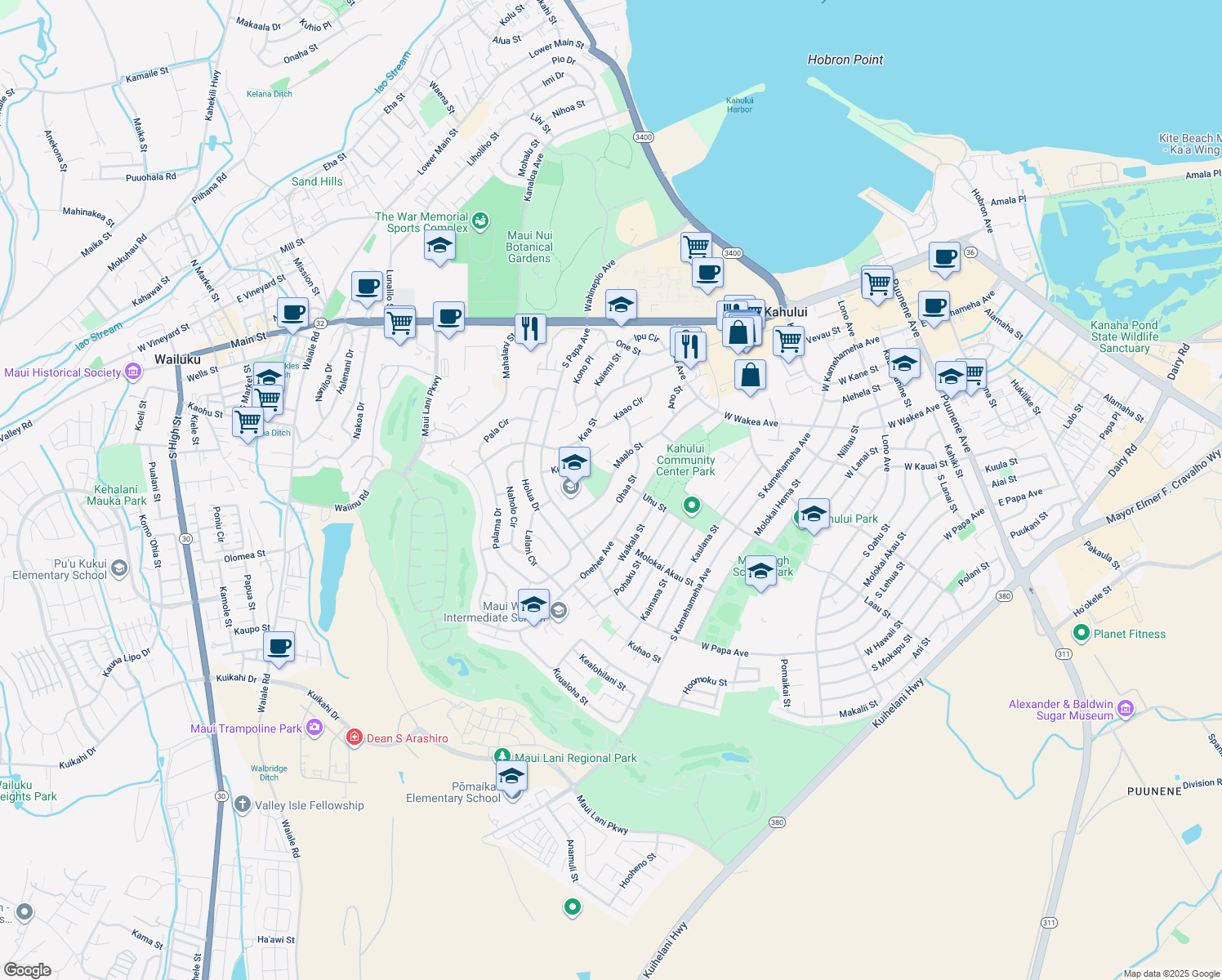 map of restaurants, bars, coffee shops, grocery stores, and more near 589 Maalo Street in Kahului