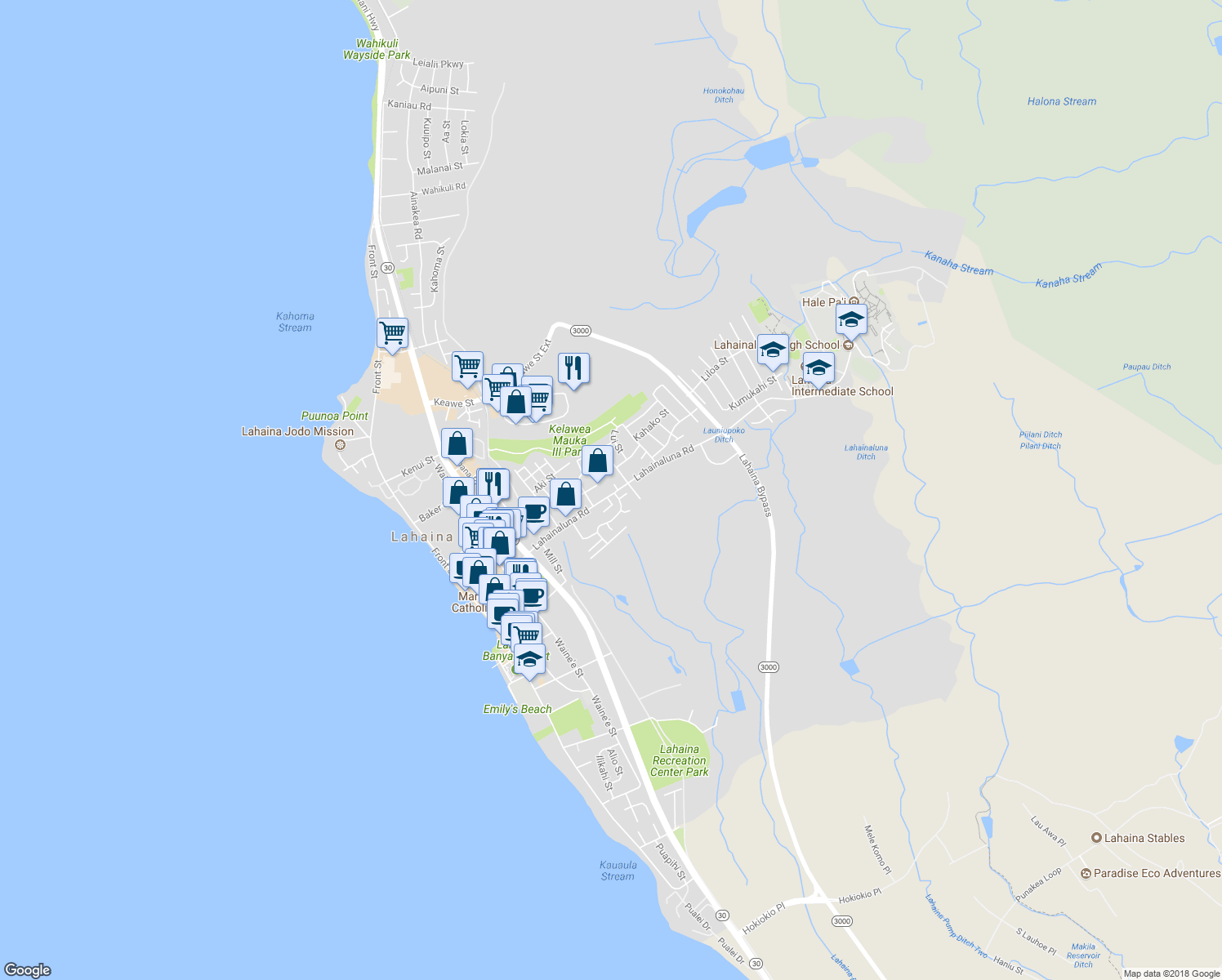 map of restaurants, bars, coffee shops, grocery stores, and more near 463 Lahainaluna Road in Lahaina