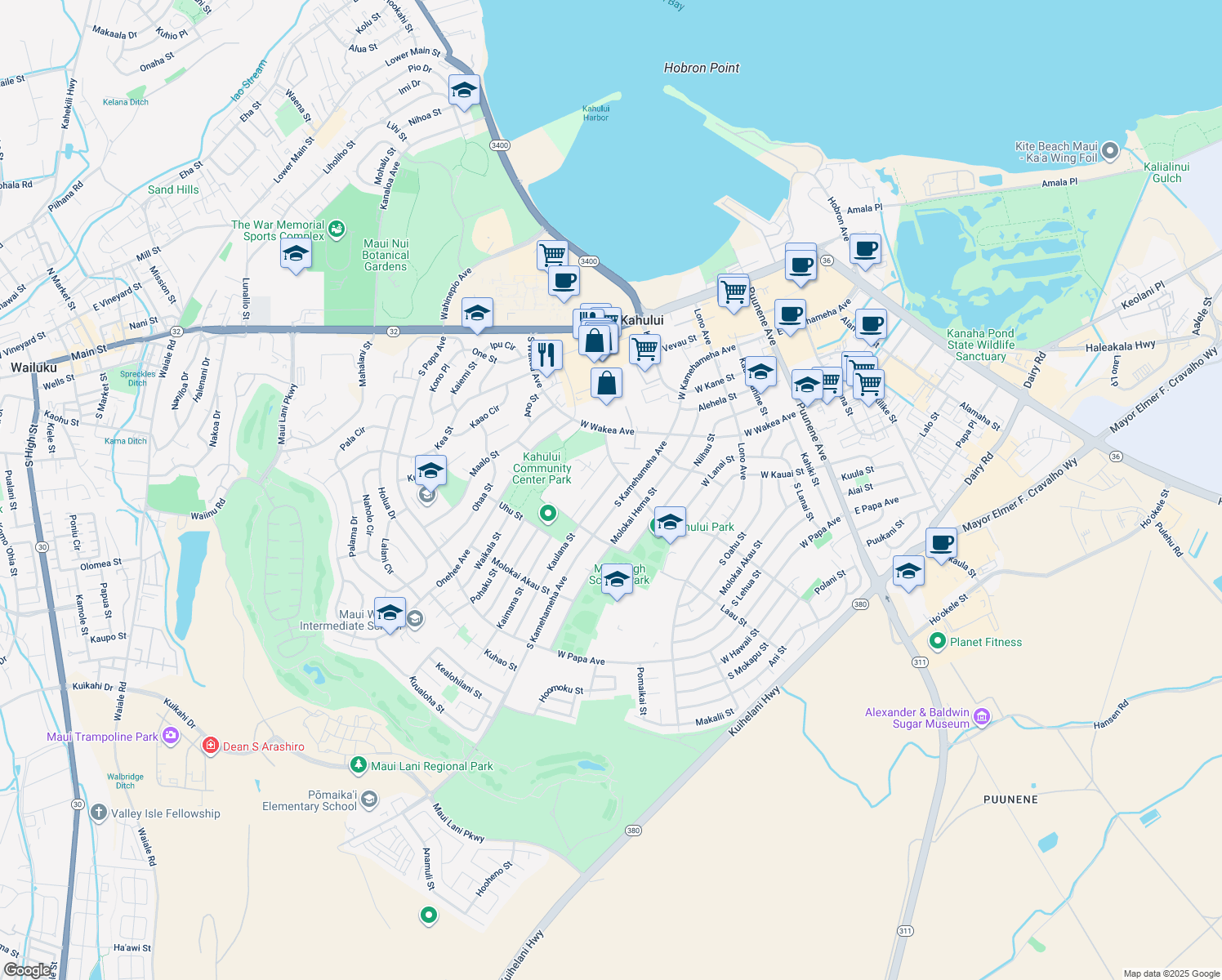 map of restaurants, bars, coffee shops, grocery stores, and more near 429 Kaulana Street in Kahului