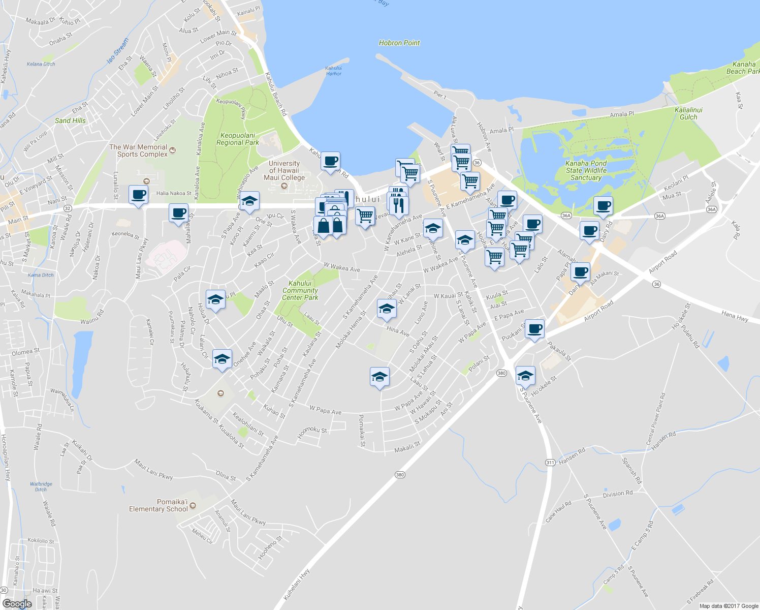 map of restaurants, bars, coffee shops, grocery stores, and more near 298 Niihau Street in Kahului