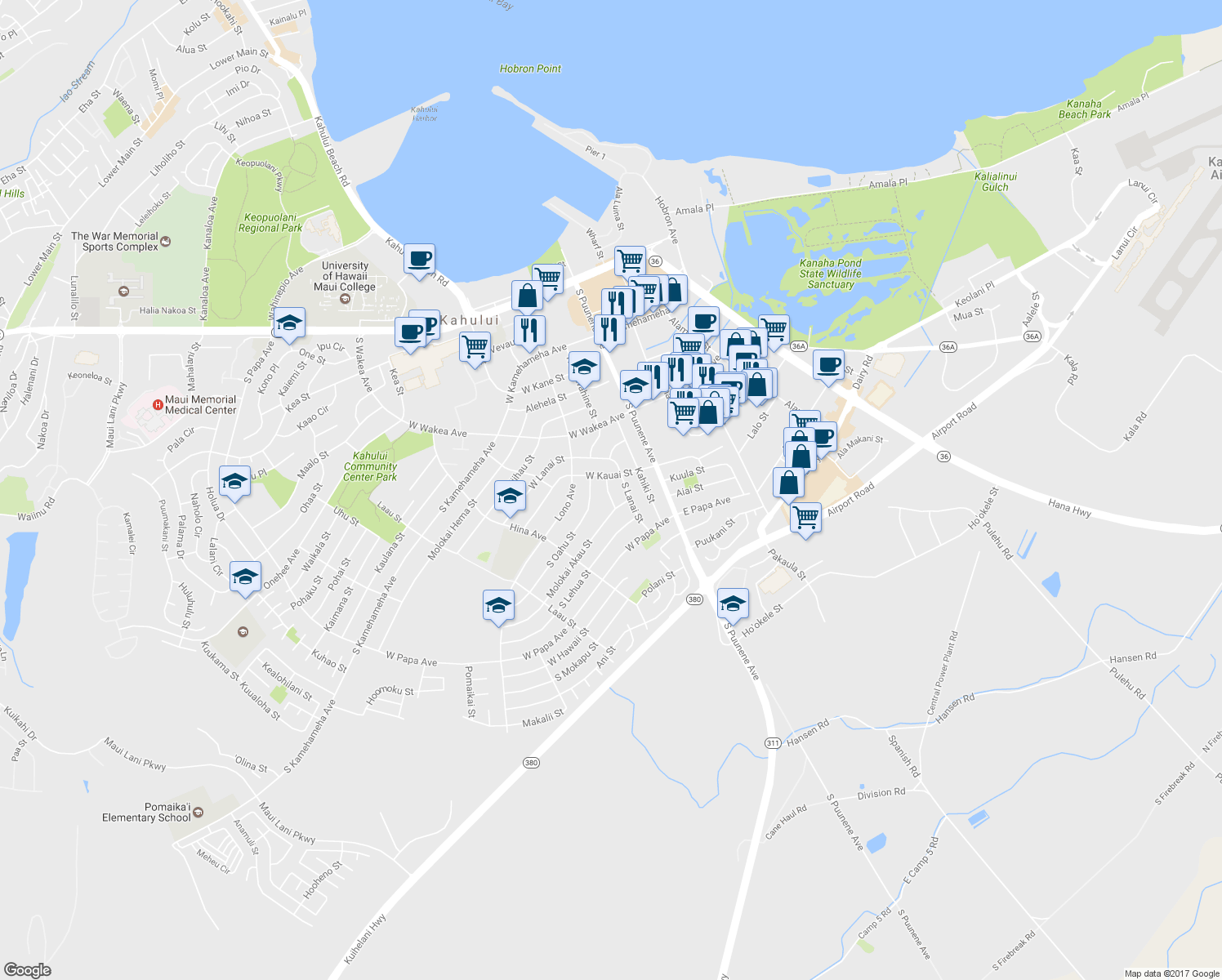 map of restaurants, bars, coffee shops, grocery stores, and more near 369 Kahoolawe Street in Kahului