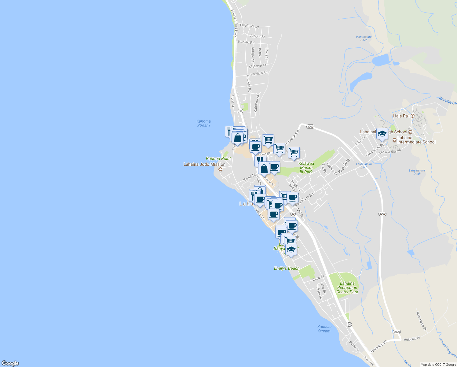 map of restaurants, bars, coffee shops, grocery stores, and more near 41 Kai Pali Place in Lahaina