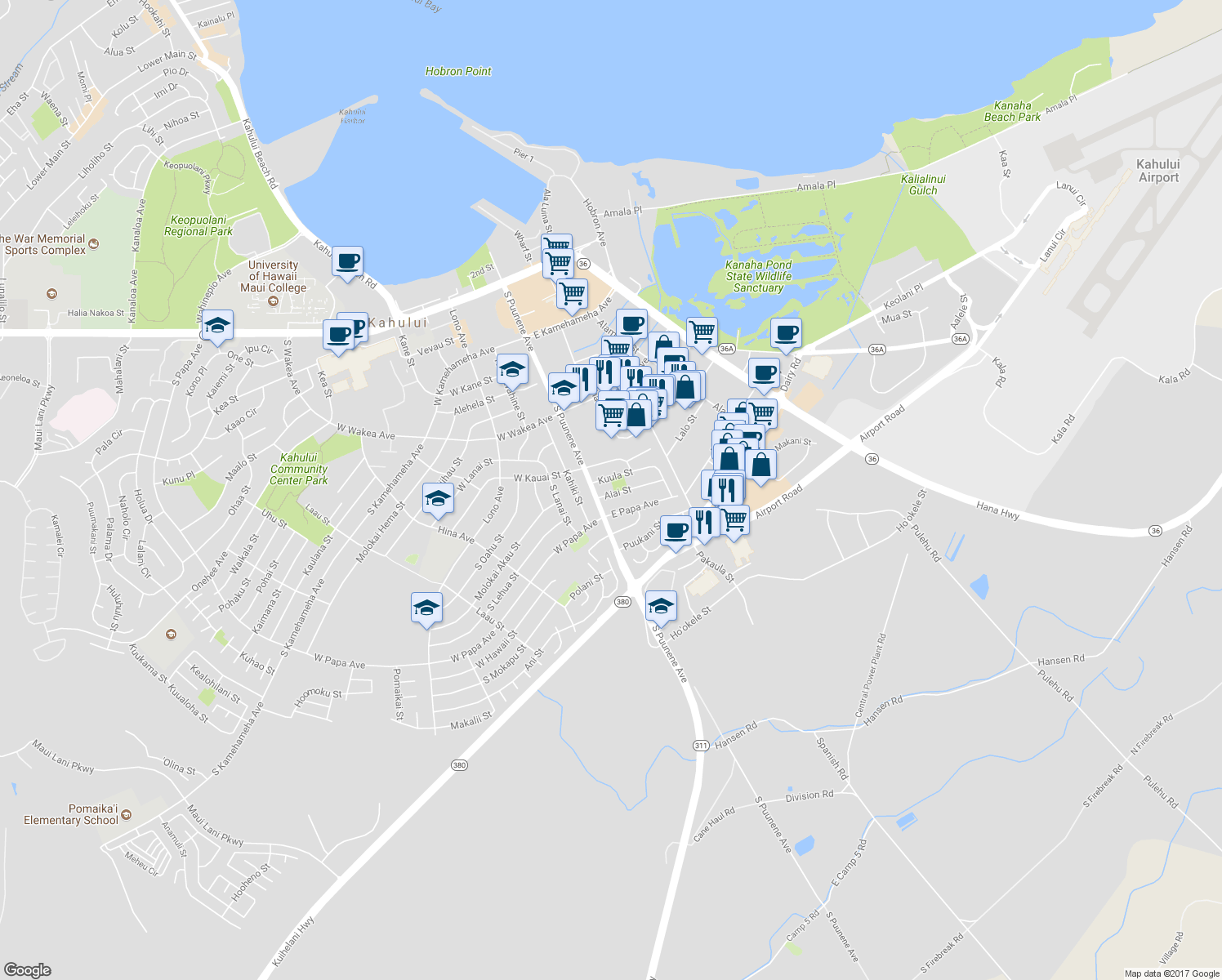 map of restaurants, bars, coffee shops, grocery stores, and more near 29 Aiai Street in Kahului