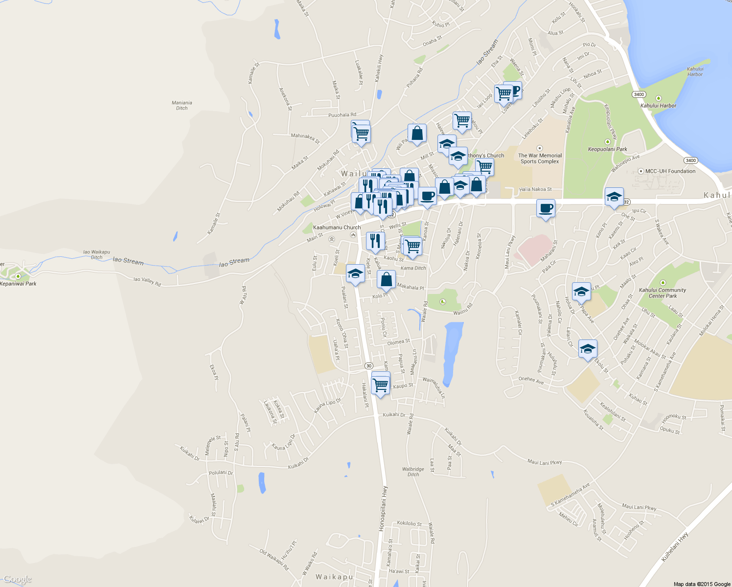 map of restaurants, bars, coffee shops, grocery stores, and more near 2144 Kolo Place in Wailuku