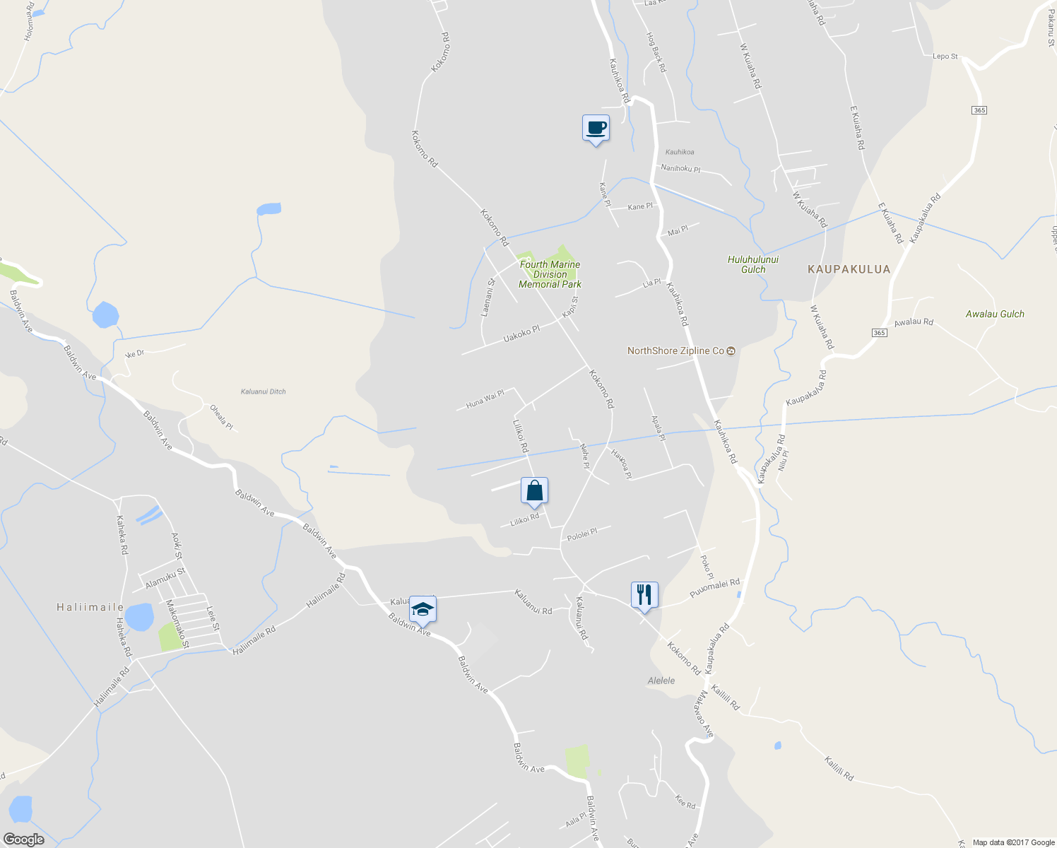 map of restaurants, bars, coffee shops, grocery stores, and more near 2299 Lilikoi Road in Haiku-Pauwela
