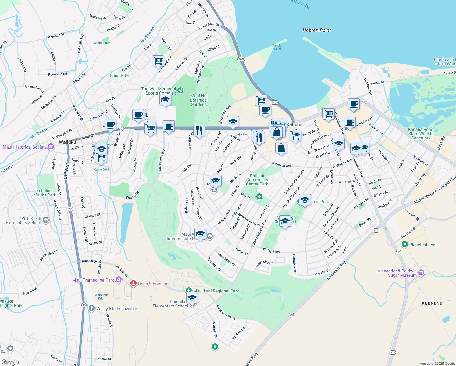 map of restaurants, bars, coffee shops, grocery stores, and more near 556 Maalo Street in Kahului