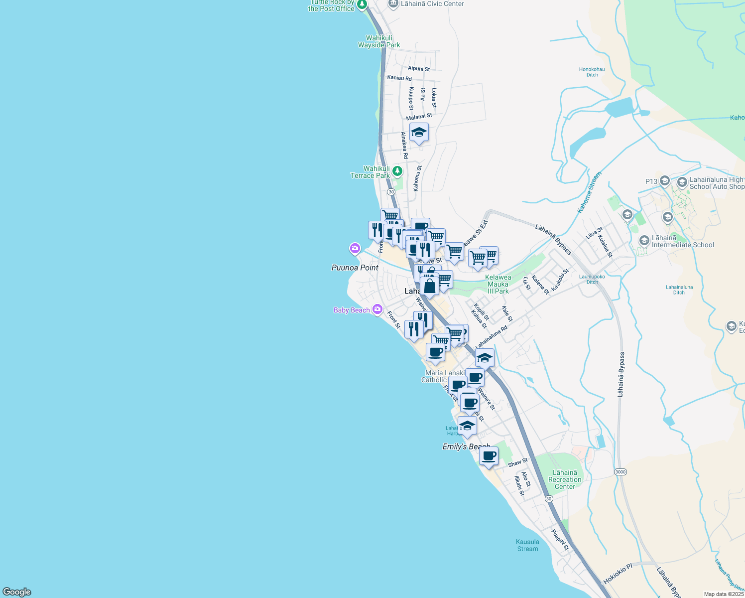 map of restaurants, bars, coffee shops, grocery stores, and more near 1161 Lahilahi Place in Lahaina