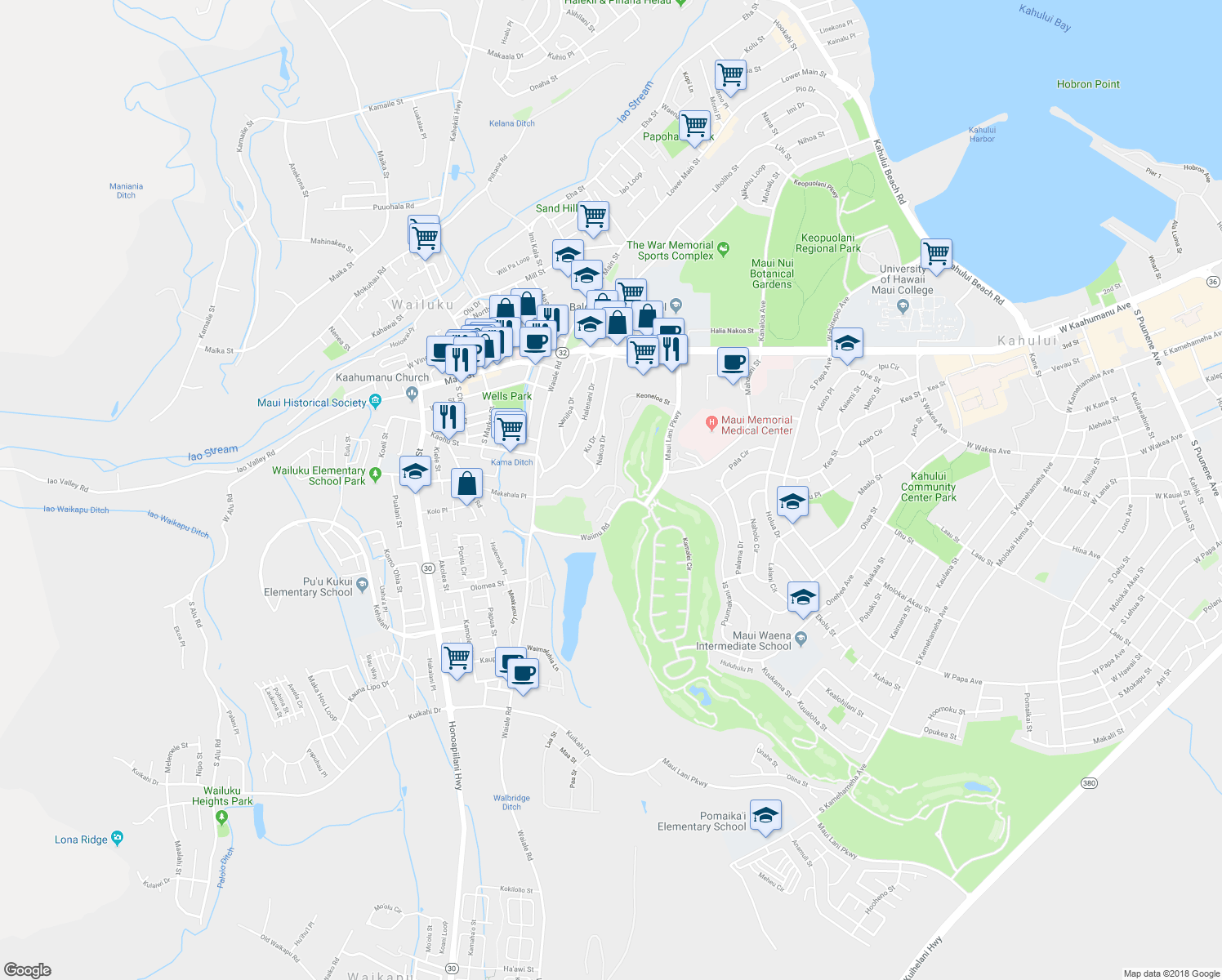 map of restaurants, bars, coffee shops, grocery stores, and more near 170 Keoneloa Street in Wailuku